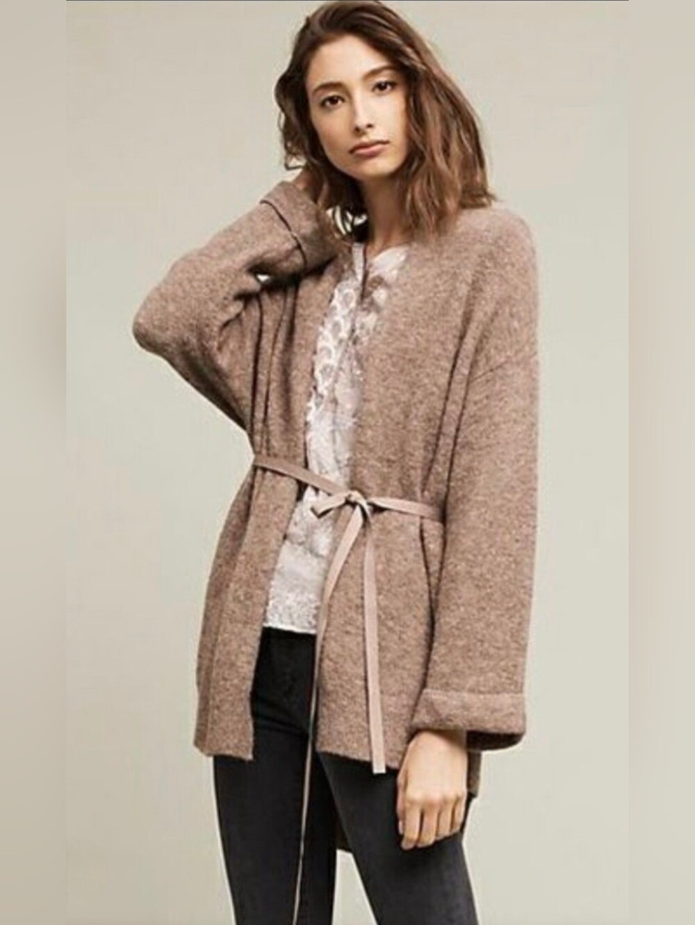 Anthropologie Moth Vallon Ribbon Tie Cardigan Sweater Wool XL Brown Cozy Boho